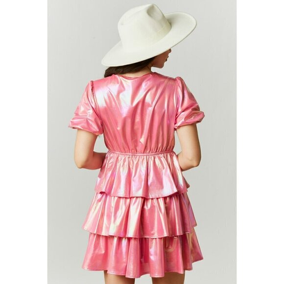 The Gumdrop Tiered Mini Dress in Iridescent Pink - Picture 4 of 5